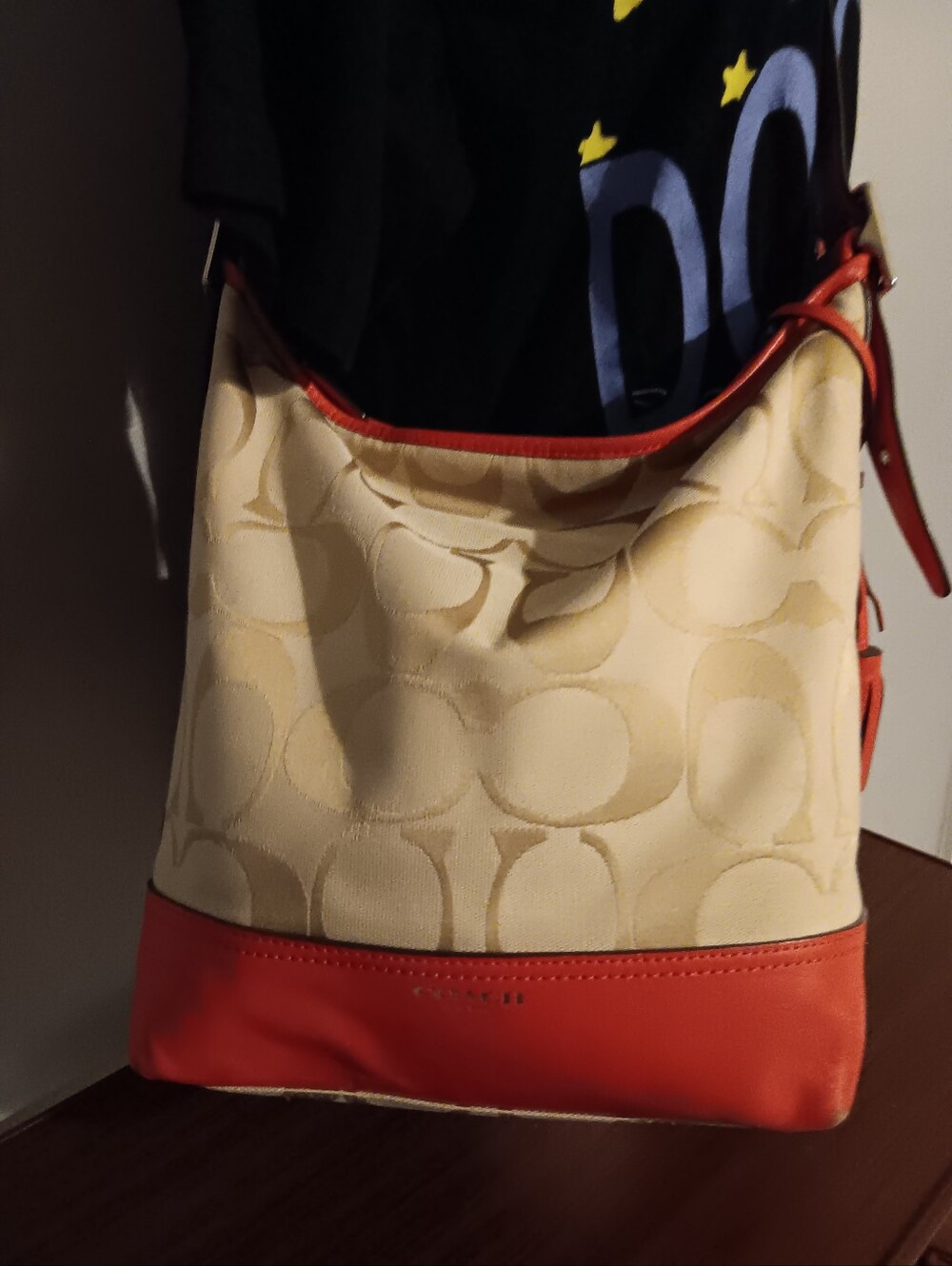 Coach Beige Signature Canvas Shoulder Bag with Red Trim